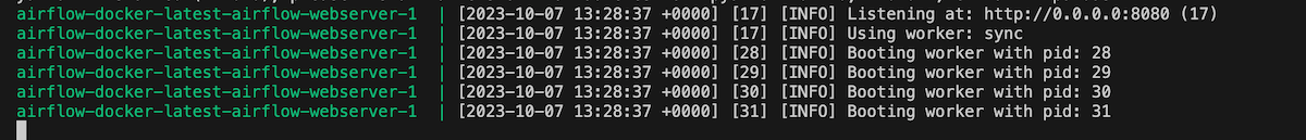The log shows that airflow has been launched successfully and is ready to use