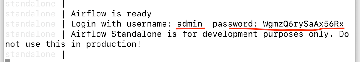 screenshot of airflow log with admin login credentials