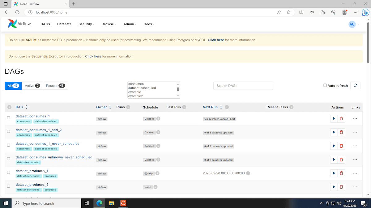 screenshot of airflow running locally on Windows