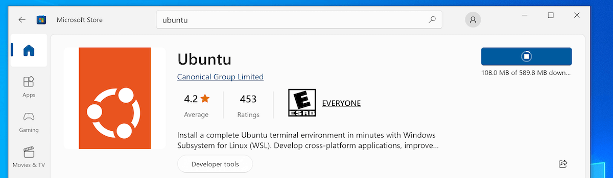 Download and install the Linux distribution Ubuntu from the Microsoft Store